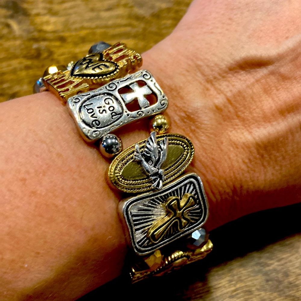 Mixed metal cross inspirational stretch bracelet